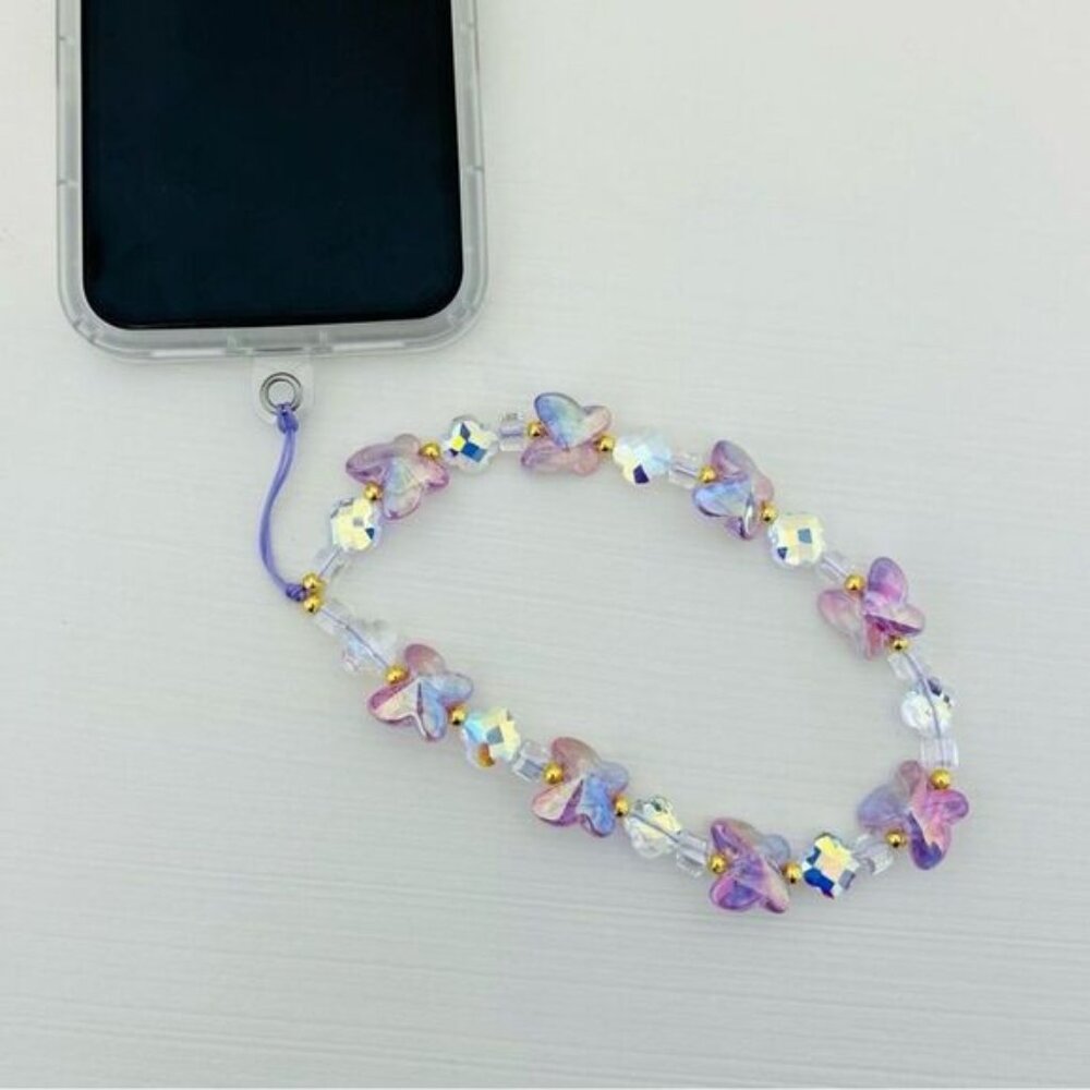 Beaded hand-held lanyard chain, phone wristlet strap purple butterfly